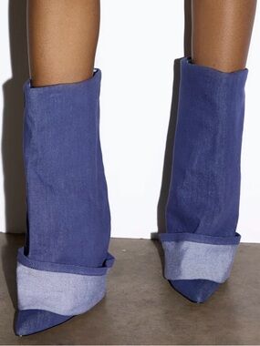 Blue Denim-Look Pointed Toe Ankle Boots